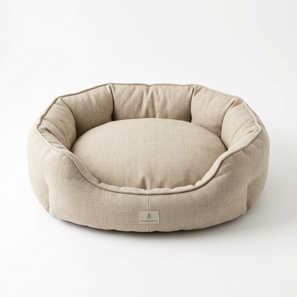 Cama ergónomica para mascotas estilo escandinavo fondo blanco