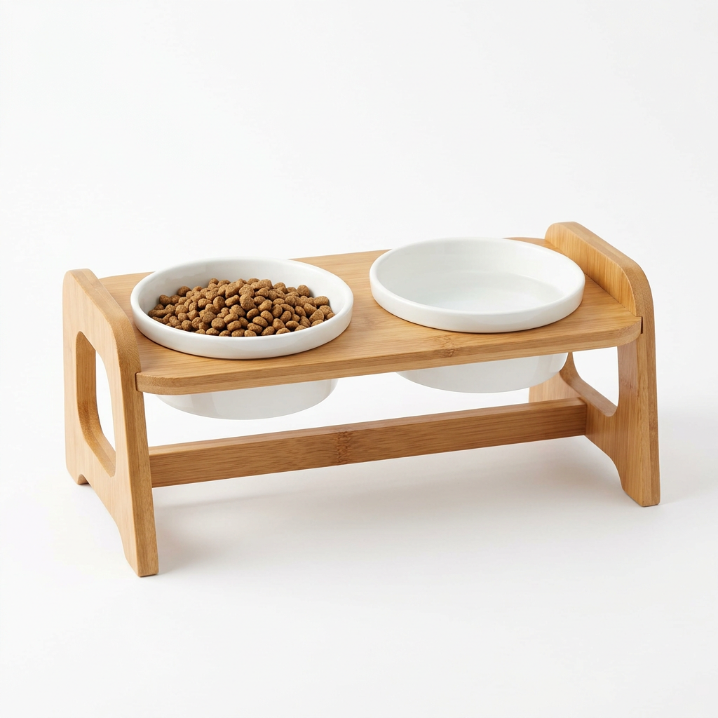 Set comedero elevado con base de bambú y cuencos de cerámica fondo blanco